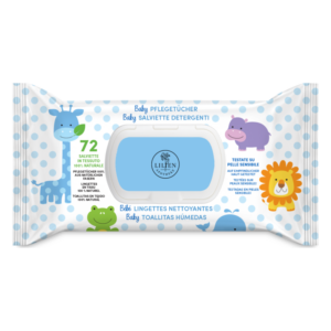 Verpackung von Baby-Pflegetüchern mit bunten Tiermotiven und blauen Punkten, 100% natürliche Inhaltsstoffe.