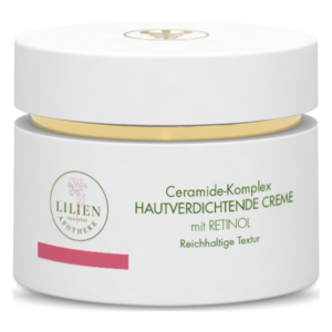 Weißer Tiegel mit goldfarbigem Deckel, beschriftet mit "Ceramide-Komplex Hautverdichtende Creme mit Retinol".