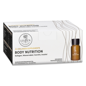 Verpackung für Nahrungsergänzungsmittel mit tropischem Fruchtgeschmack, inklusive Flasche und Inhaltsangaben.