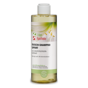 Flasche Dusch-Shampoo Sport mit Grapefruitkern-Extrakt, transparente Flüssigkeit, angedeutetes floralendes Design auf dem Etikett.