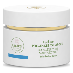 Weiße Cremedose mit goldfarbener Deckel, beschriftet mit 'Hyaluron Pflegendes Creme-Gel'. Enthält IALUDEEP® und Malvenextrakt.