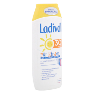 Sonnenschutzgel für Kinder von Ladival in einer gelben Flasche mit hochgradigem Schutz für allergische Haut.