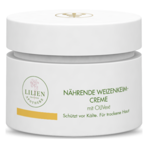 Weißer Tiegel mit nährender Weizenkeim-Creme, schützt bei Kälte und ist für trockene Haut geeignet.