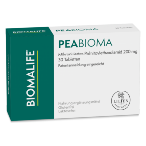 Verpackung von BiomaliFE PEABIOMA, 30 Tabletten mit mikronisiertem Palmitoylethanolamid 200 mg, glutenfrei und laktosefrei.