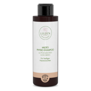 Flasche mit mildem Physio-Shampoo für häufiges Haarwaschen, enthält pflanzliche Glykoside, recyclebarer Flakon.