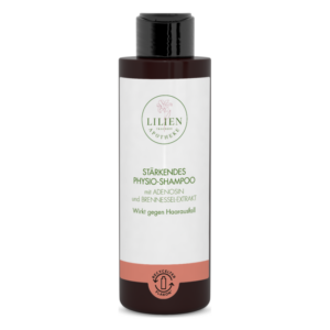 Flasche mit stärkendem Physio-Shampoo, enthält Adenosin und Brennnessel-Extrakt, wirkt gegen Haarausfall.