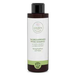 Flasche mit talgregulierendem Physio-Shampoo von Lilien, enthält Aminosäuren und Birkenextrakt, recyclierbar.