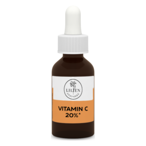 Braune Glasflasche mit Pipette, beschriftet mit 'Vitamin C 20%' und einem Logo der Lilien Apotheke.