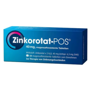 Verpackung von Zinkorotat-POS 40 mg, magensaftresistente Tabletten zur Zinktherapie, blauer Karton mit Produktinformation.