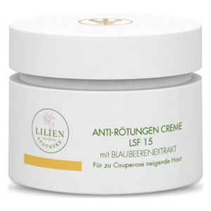 Runde, weiße Cremeverpackung mit grünem Schriftzug "ANTI-RÖTUNGEN CREME LSF 15" und Hinweis auf Blaubeerextrakt.