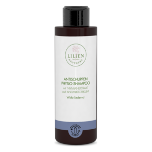 Flasche mit Antischuppen Physiotherapie-Shampoo, enthält Thymianextrakt und antimicrobielle Wirkstoffe.