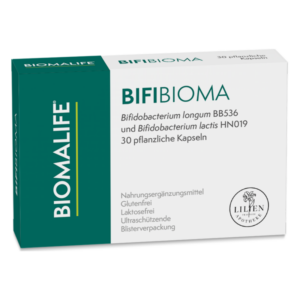 Verpackung von BIFIbioma mit Bifidobacterien, gluten- und laktosefrei, in Blisterverpackung, 30 Kapseln