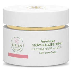 Runde, weiße Cremeverpackung mit goldfarbener Kappe, beschriftet mit 'Glow-Booster Creme' und Inhaltsstoffen.