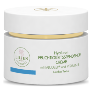 Weißes Cremetöpfchen mit goldfarbenem Deckel und grüner Schrift, beschriftet mit "Hyaluron Feuchtigkeitsspendende Creme" und Inhaltsstoffen.