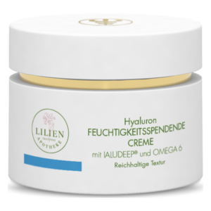 Weißer Tiegel mit goldfarbenem Deckel, beschriftet mit "Hyaluron Feuchtigkeitsspendende Creme" und Hinweisen zu Inhaltsstoffen.