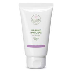 Weiße Tube mit aufgedrucktem Logo und der Aufschrift 'NÄHRENDE HANDCREME mit HONIG', schützende Pflege.