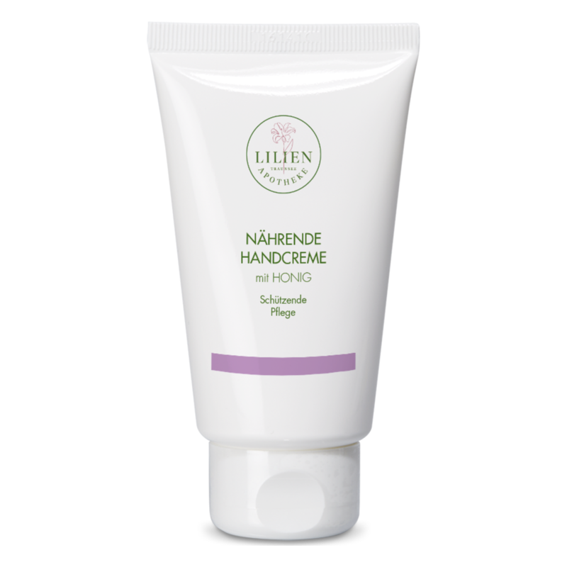Weiße Tube mit aufgedrucktem Logo und der Aufschrift 'NÄHRENDE HANDCREME mit HONIG', schützende Pflege.