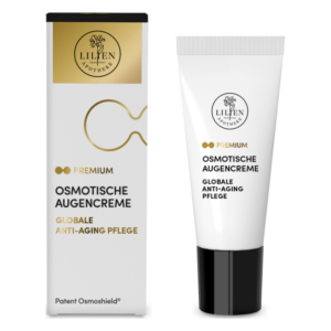 Osmotische Augencreme in einer weißen Tube mit schwarzem Deckel und goldener Schrift, verpackt in einer eleganten Box.