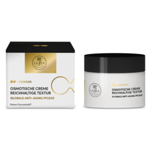 Osmotische Creme in einem weißen Glasbehälter mit schwarzem Deckel, verpackt in einer goldschwarzen Schachtel.