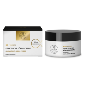Verpackung und Dose einer osmotischen Körpercreme in Premiumqualität zur globalen Anti-Aging Pflege, 50ml.