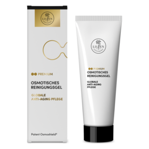 Osmotisches Reinigungsgel in einer eleganten Tube mit schwarzem Deckel, verpackt in einer stilvollen Schachtel.