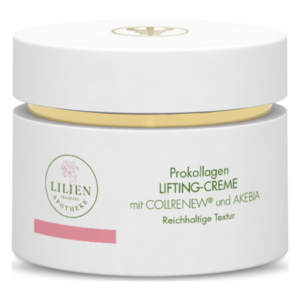 Runde Cremepackung in Weiß mit goldfarbenem Deckel, Beschriftung zu Lifting-Creme und Inhaltsstoffen auf der Vorderseite.