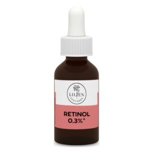 Braune Glasflasche mit Pipette, etikettiert mit "RETINOL 0,3%" und Logo der Lilien Apotheke.