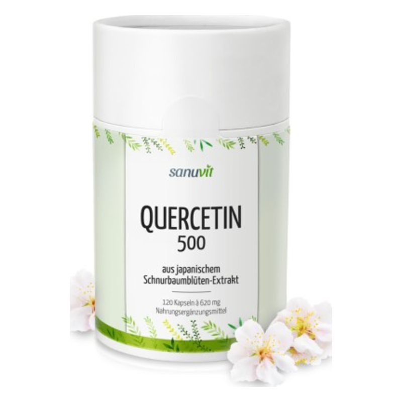 Dose mit Quercetin 500 aus japanischem Schnurbaumblüten-Extrakt, umgeben von weißen Blüten.