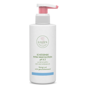 Flasche mit schützender Intim-Waschlotion, pH 4.5, mit biolysierten Milchsäuren und Pumpverschluss.