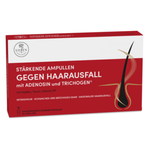 Verpackung von Haarampullen gegen Haarausfall, rot designt mit Informationen zu Inhaltsstoffen und Anwendungshinweisen.