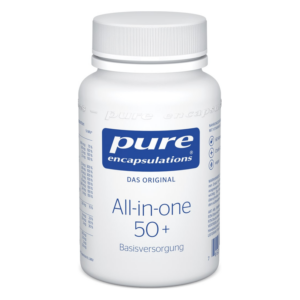 Weißer Kunststoffbehälter mit Schraubverschluss für Nahrungsergänzungsmittel, beschriftet mit "All-in-one 50+".
