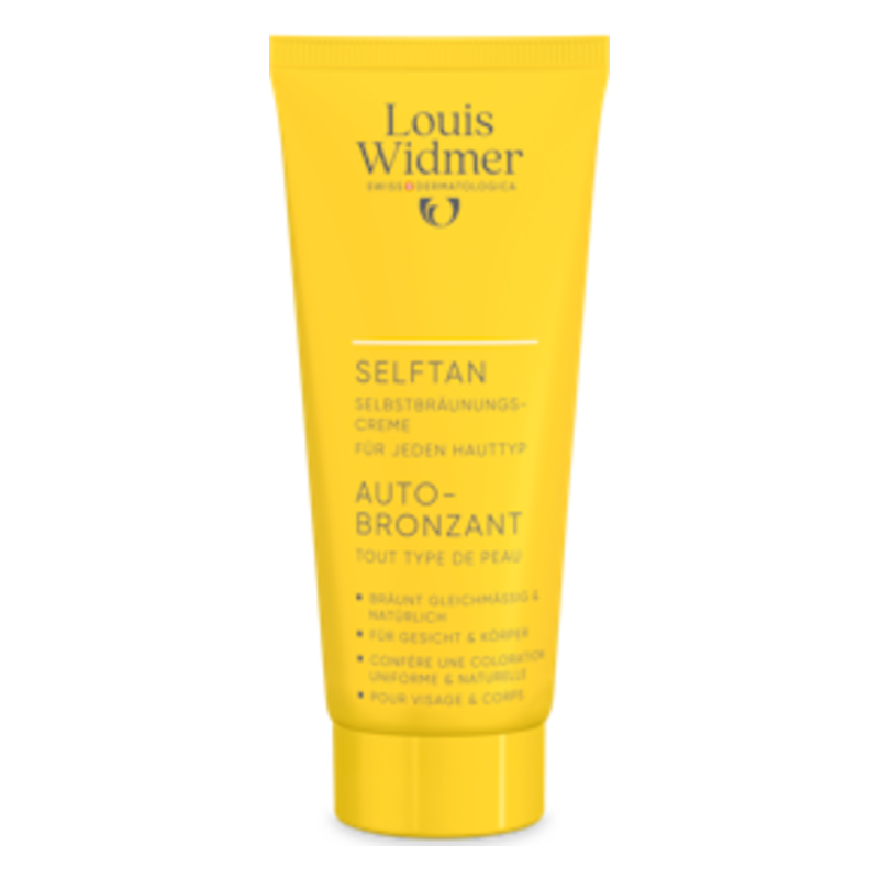 Gelbe Tube mit Selbstbräunungscreme von Louis Widmer, geeignet für jeden Hauttyp, mit Anwendungshinweisen.