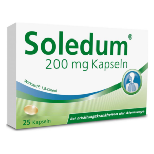 Packung Soledum Kapseln mit 200 mg Wirkstoff 1,8-Cineol für Atemwegserkrankungen, 25 Kapseln.