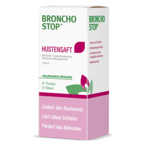 Verpackung des Broncho Stop Hustensaft mit pflanzlichen Wirkstoffen wie Thymian und Eibisch, 150 ml.