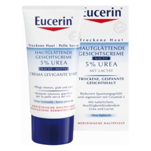Eucerin Gesichtscreme zur Nacht mit 5% Urea in einer Tube, designed für trockene Haut, Verpackung zeigt Nutzen und Inhaltsstoffe.