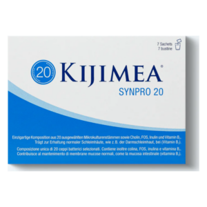Verpackung von Kijimea SYNPRO 20, einer Nahrungsergänzung mit Mikroorganismen und Vitaminen.