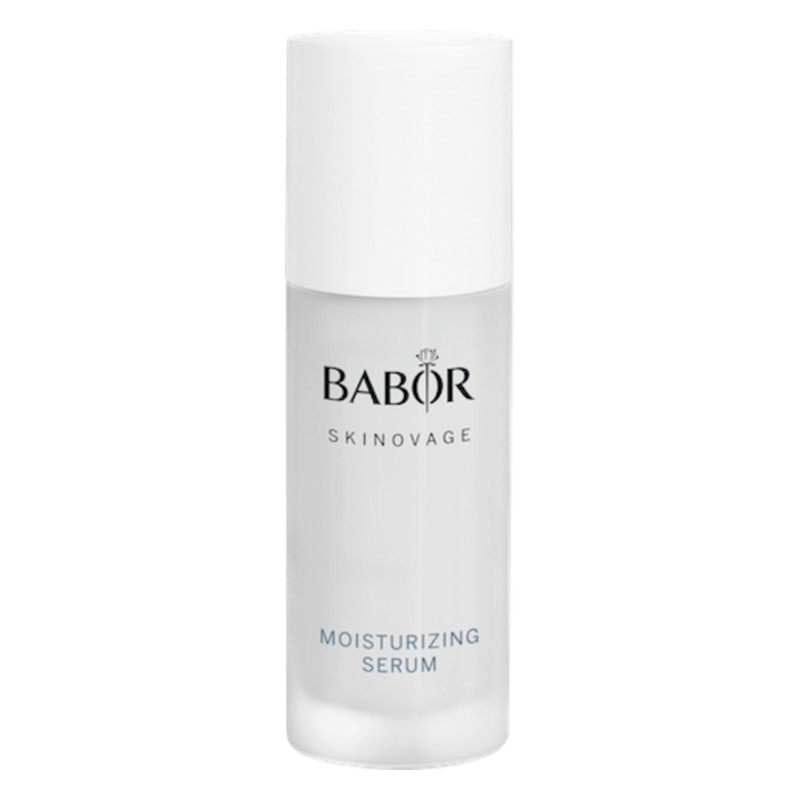 Transparentes Serumfläschchen mit weißem Deckel und schwarzer Schriftzug "BABOR SKINOVAGE MOISTURIZING SERUM".