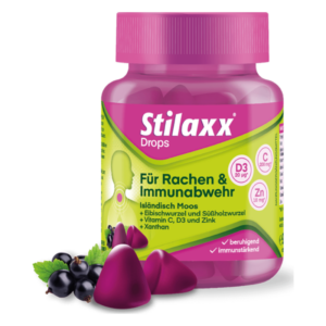 Flasche mit Stilaxx Drops für Rachen und Immunabwehr, lila mit grünen Akzenten und Abbildung eines Kopfes.