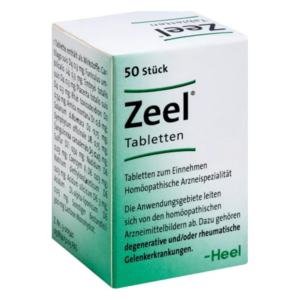 Packung mit Zeel Tabletten, homöopathisches Medikament zur Behandlung degenerativer Gelenkerkrankungen.