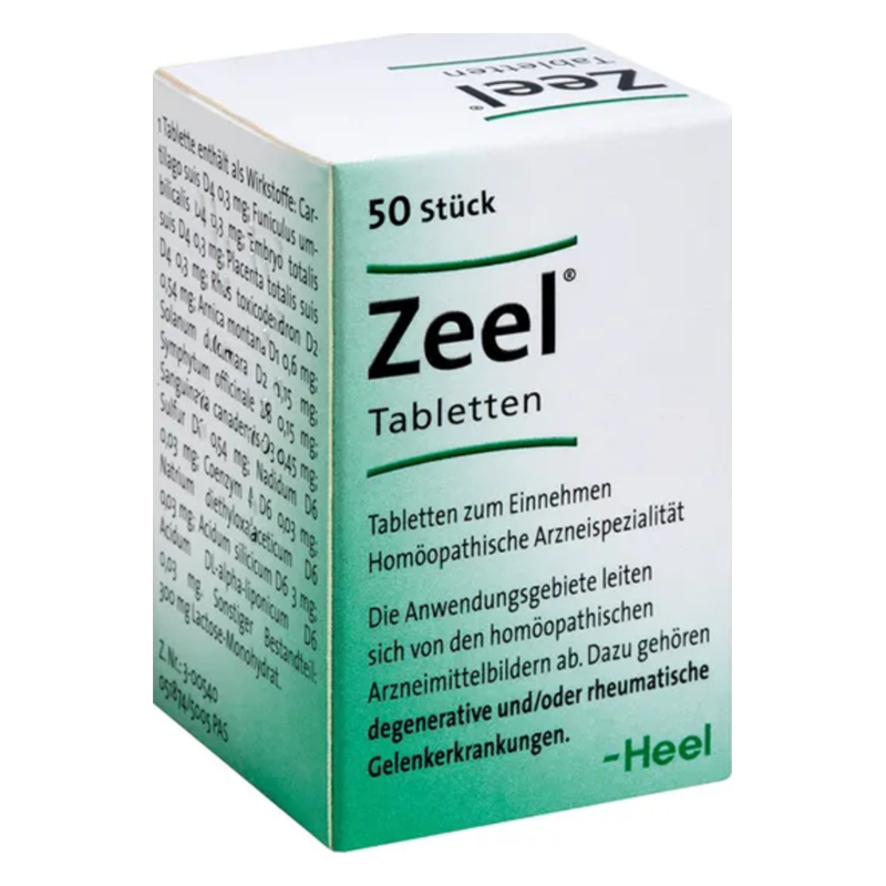 Packung mit Zeel Tabletten, homöopathisches Medikament zur Behandlung degenerativer Gelenkerkrankungen.