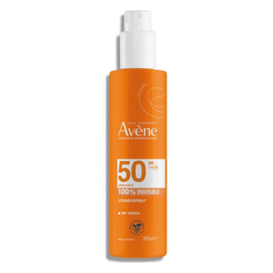 Sonnenspray in oranger Verpackung mit SPF 50, für trockene Haut, 200 ml, Marke Avène.