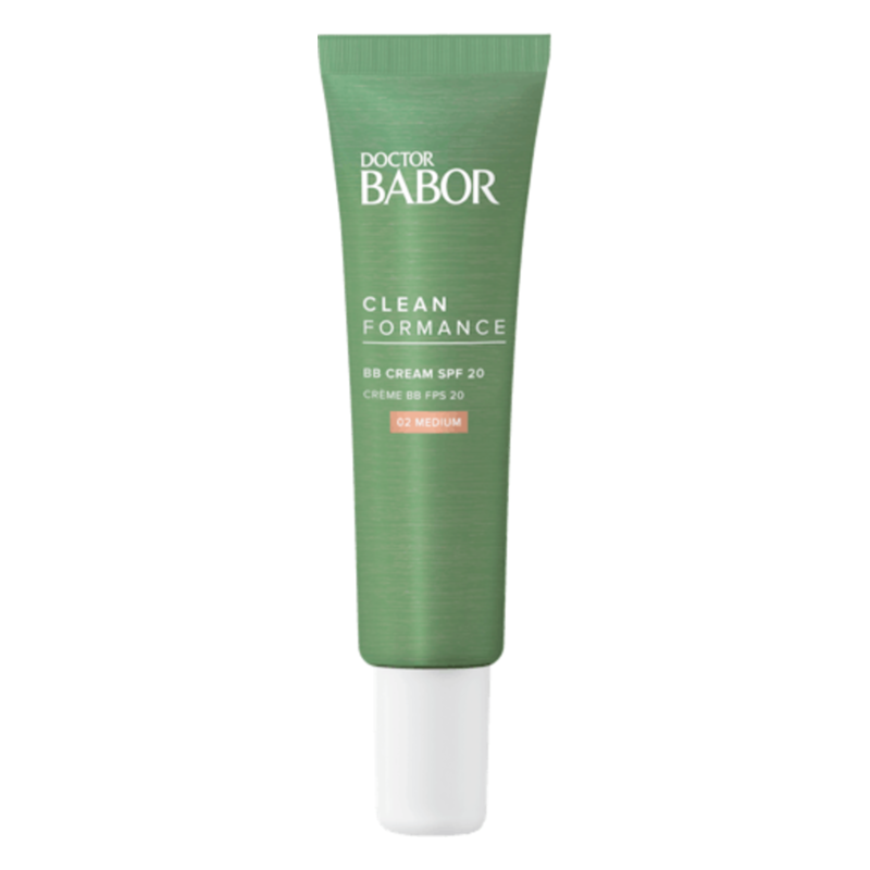 Grüne Tube mit BB Cream von Doctor Babor, enthält Sonnenschutzfaktor 20 und die Farbnuance 02 Medium.