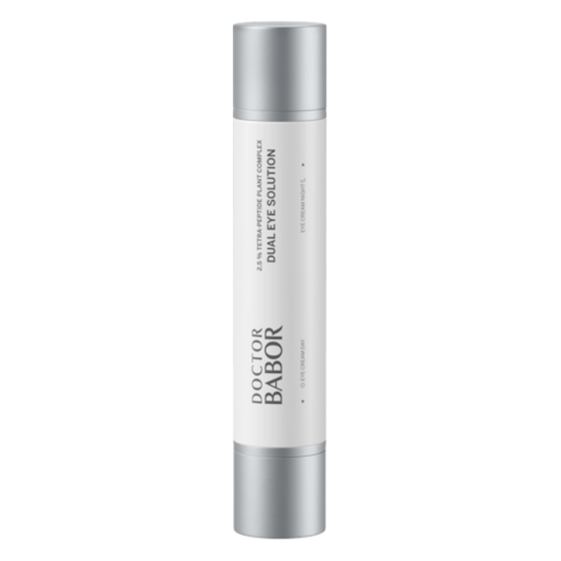 Tube mit Augenpflege, verfügt über einen doppelten Spender für Tages- und Nachtformel, präsentiert sich in einem modernen Design.