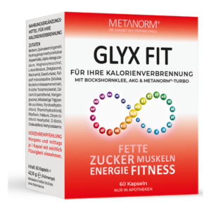 Verpackung des Nahrungsergänzungsmittels GLYX FIT zur Unterstützung der Kalorienverbrennung mit verschiedenen Inhaltsstoffen.
