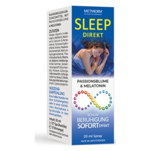 Verpackung eines Schlafsprays mit Passionsblume und Melatonin, Empfehlungen zur Anwendung sind aufgeführt.