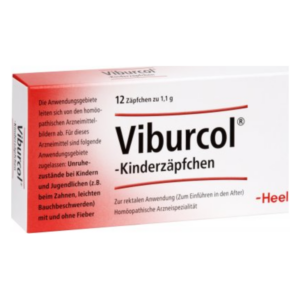 Packung mit Viburcol Kinderzäpfchen, 12 Stück, zur Anwendung bei Unruhezuständen und leichten Beschwerden.