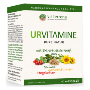 Packung mit dem Nahrungsergänzungsmittel URVITAMINE, enthält 60 Kapseln, mit Kräuterextrakten wie Quinoa und Sonnenblumen.