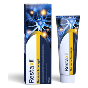 Packung und Tube des Restaxil Nervenschmerzgels mit blauem design und nervösem Hintergrund.