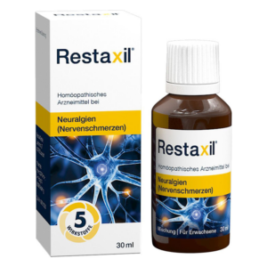 Flasche Restaxil, ein homöopathisches Arzneimittel gegen Nervenschmerzen, in Verpackung mit grafischem Neuralgie-Hintergrund.