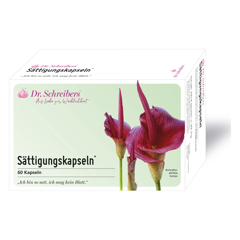 Packung mit Sättigungskapseln, abgebildet mit lila Blüten und grünem Hintergrund, 60 Kapseln.